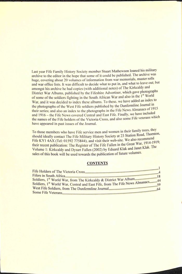 Publication No 25, Some Fife Soldiers,Sailors and Airmen, Contents